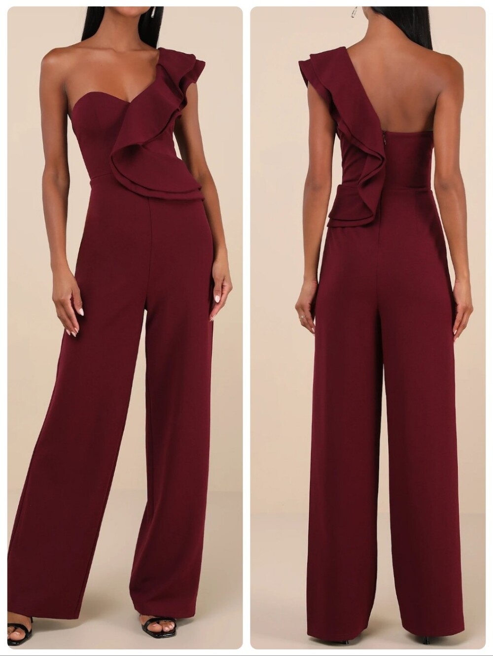 Lulus Kiss Me Again Burgundy Ruffled One-Shoulder Jumpsuit Size Medium NWT